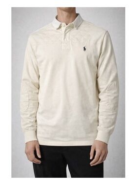 Polo Ralph Lauren Rugby Shirt XXL Cream White Vintage Long Sleeve Elbow Patches